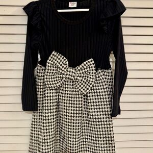 Girls Black Ribbed Top with Black-and-White Houndstooth Dress With Bow